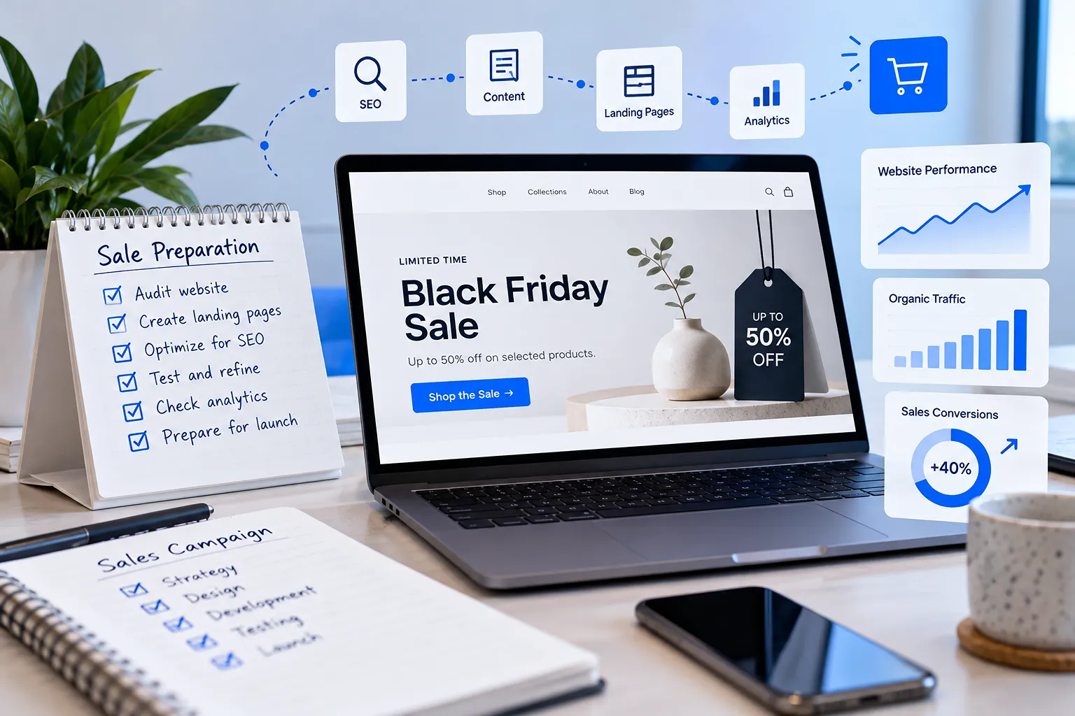 E-commerce campaign preparation with SEO, analytics, and conversion performance dashboards.