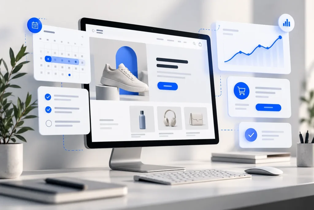 E-commerce website with digital sales campaign planning and analytics interfaces.