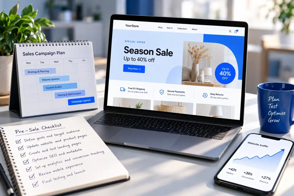 Sales campaign planning workspace with an e-commerce landing page and preparation calendar.