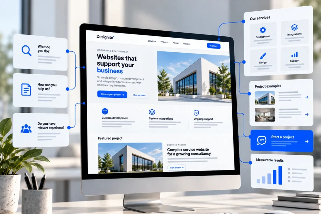 Business service page with clear messaging, relevant projects, service information and contact opportunities.