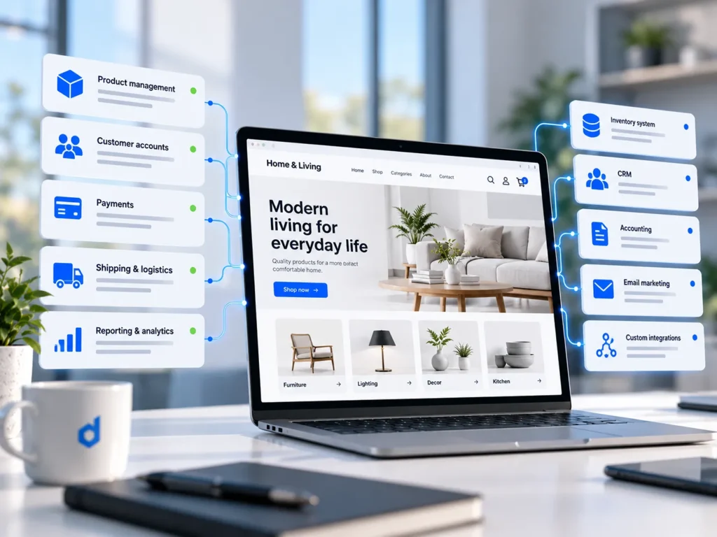 Online store connected to CRM, inventory, accounting, email marketing and custom integrations.