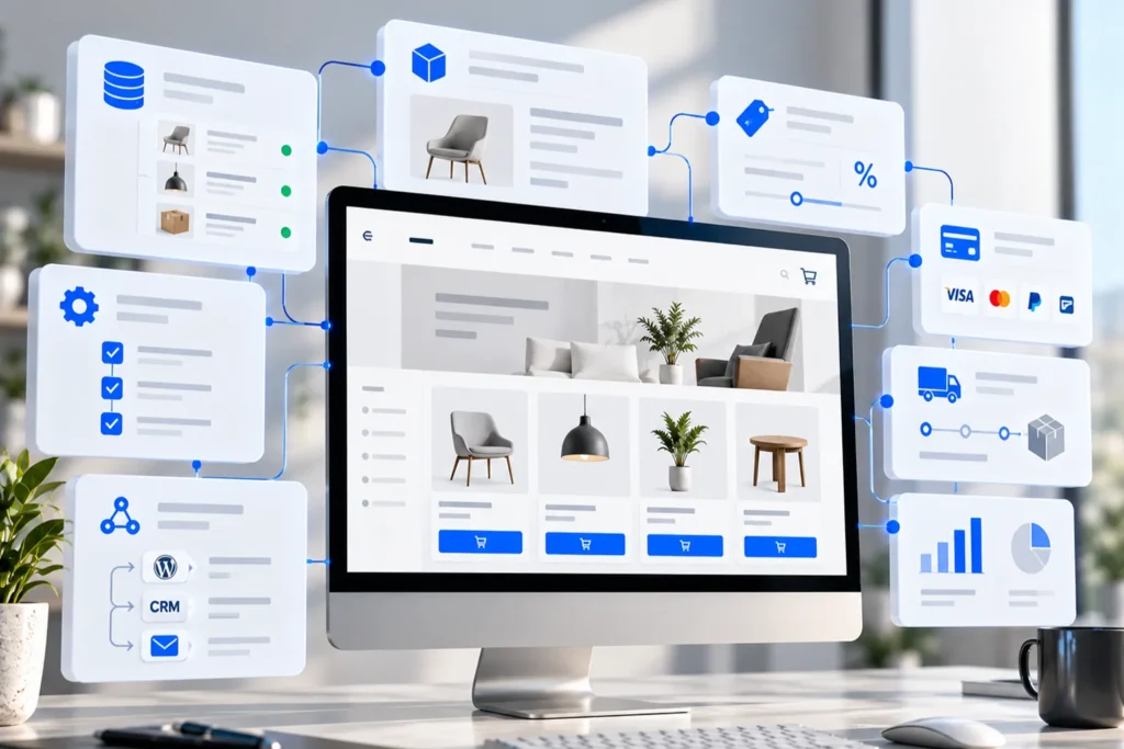 E-commerce storefront connected to product data, pricing, inventory, payments, shipping and integrations.