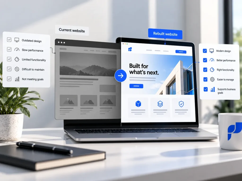 WordPress website transformation showing an outdated layout alongside a modern, business-focused implementation.