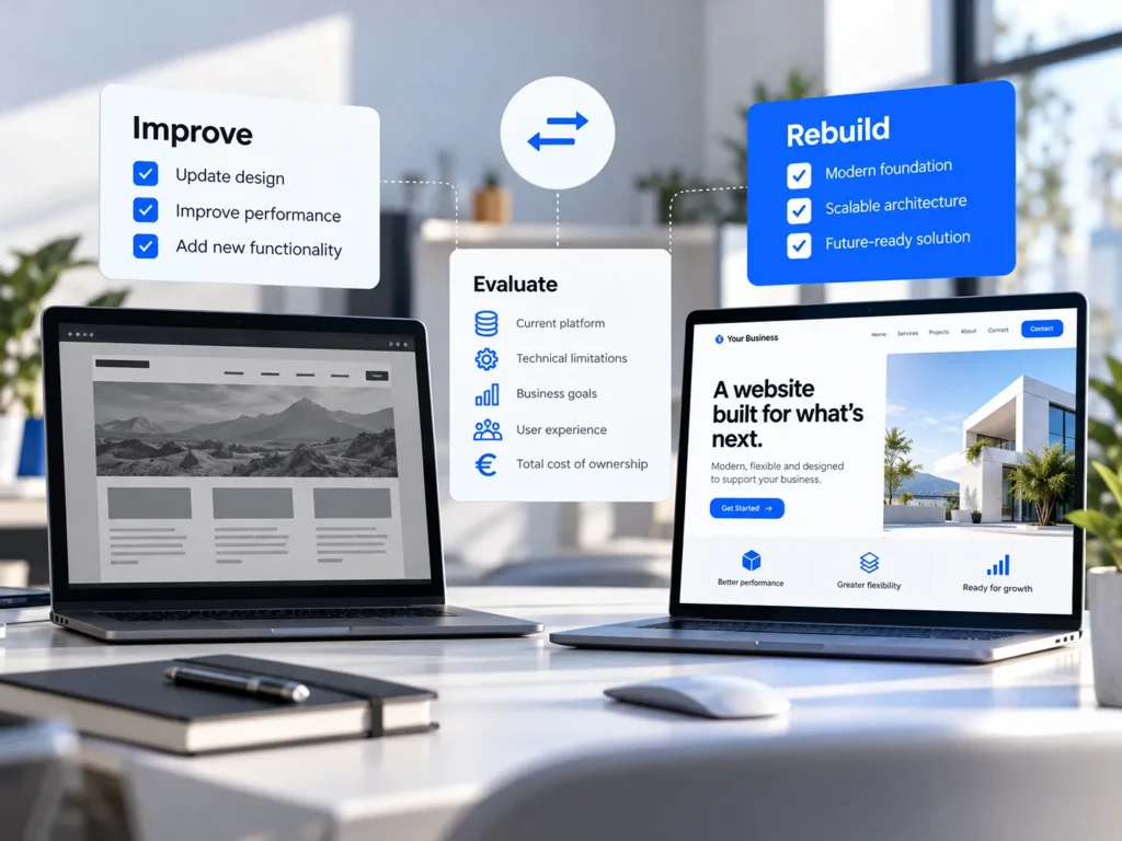 Comparison between improving an existing WordPress website and rebuilding its technical foundation.