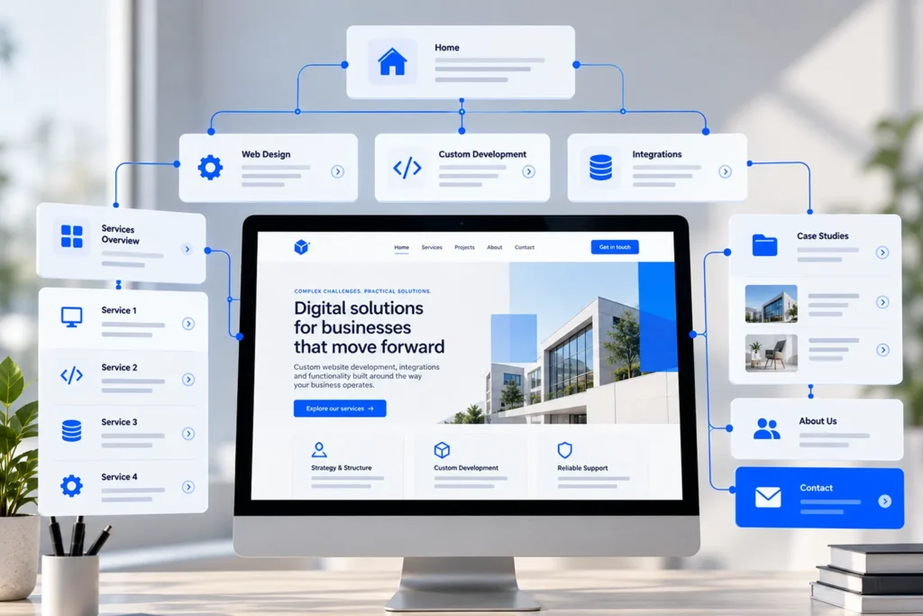 Business website showing a structured hierarchy of services, project information and customer navigation.