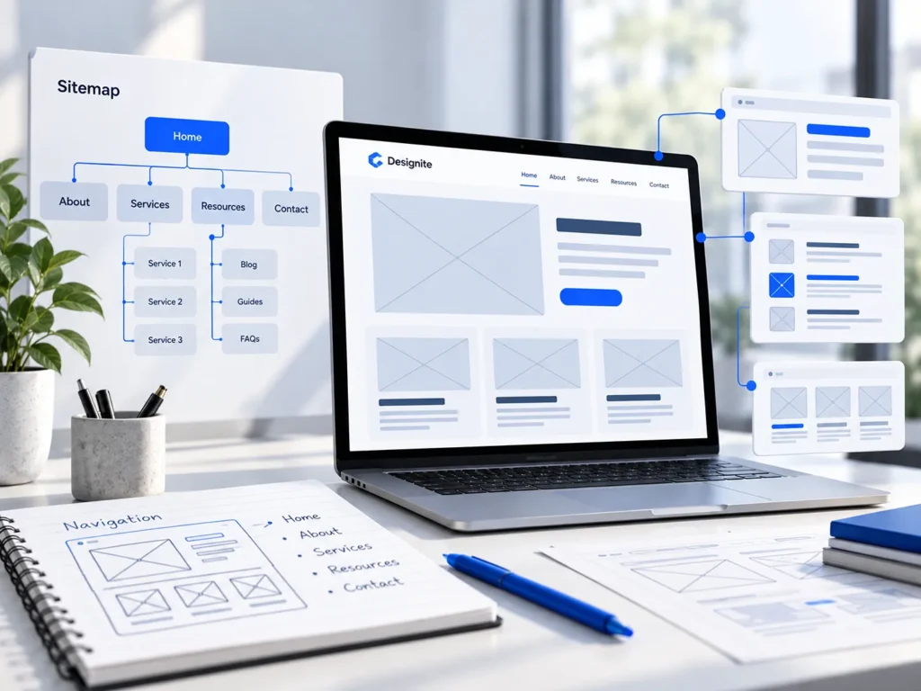 Website planning workspace with page wireframes and information architecture sketches.
