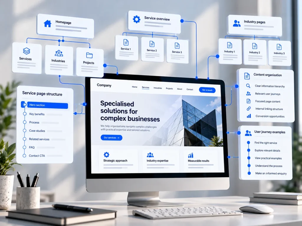 Website sitemap showing the relationship between the homepage, service pages, industries, projects and other business content.