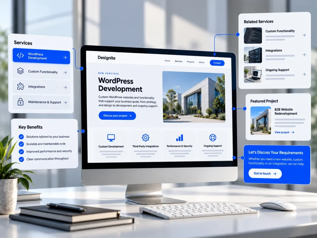 WordPress service page structure combining service explanations, project evidence, customer questions and business benefits.