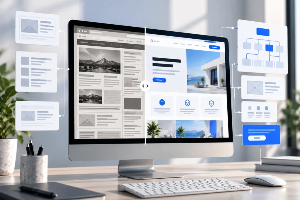WordPress website before and after rebuilding, showing improvements to website structure and design.