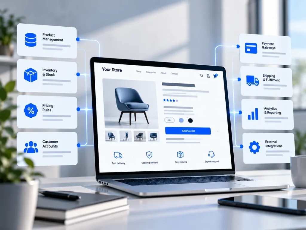 WooCommerce product page connected to inventory management, pricing rules, shipping and payment systems.