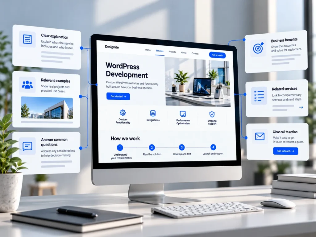Business service page showing related services, customer benefits, project examples and a clear enquiry action.