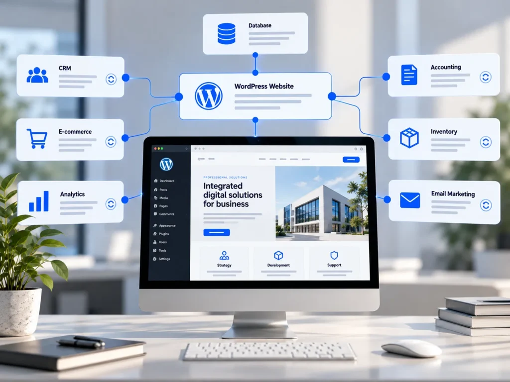 WordPress integration architecture connecting CRM, ERP, payment gateways and external APIs.