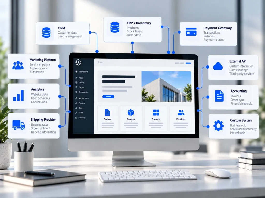 WordPress integration architecture showing connected business systems and data synchronization.