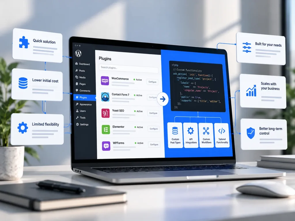 Multiple WordPress plugins connected to a website and a dedicated custom functionality module.