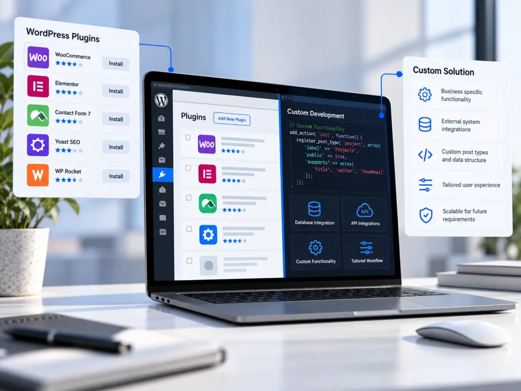Comparison of existing WordPress plugins and purpose-built functionality for specialised business requirements.