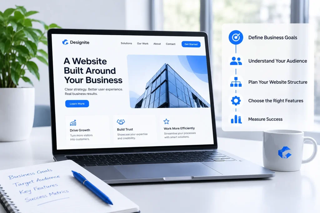 Business website concept illustrating goals, customer understanding, website structure, functionality, and performance.